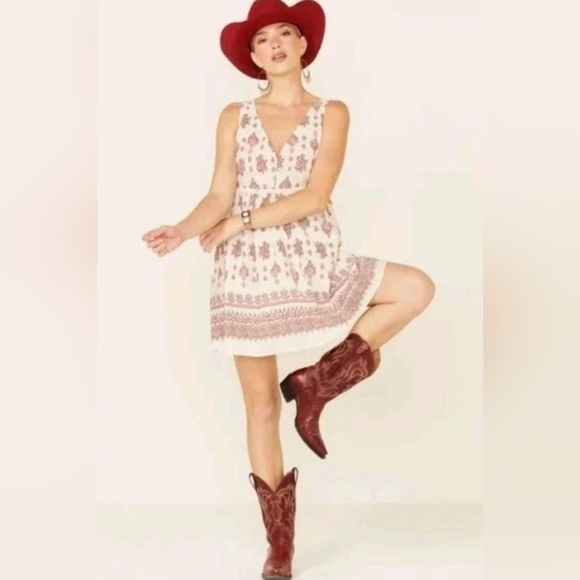 Beyond the Radar Boho Mini Dress Tassel Tie Back Cream Burgundy Small - Picture 1 of 6
